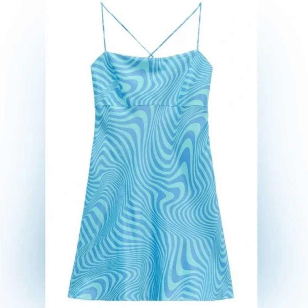 Zara Blue Wave Trippy Satin Effect Lace Up Dress Medium A